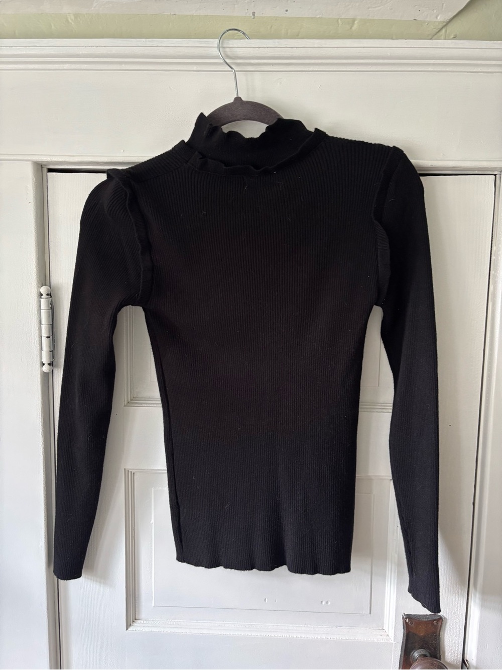 Pink Lily Black Ribbed Ruffled Mock Neck Sweater